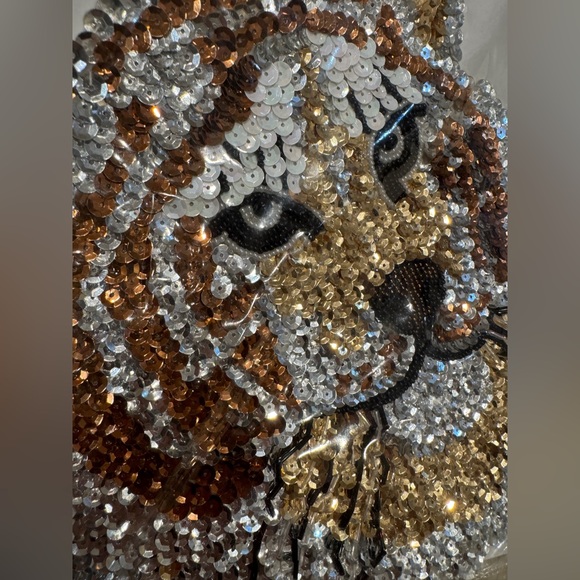 Vintage Silver Gold Tigers Head Appliqué Sequins And Beads 8.5" ht 8.5 wide NIP - Picture 5 of 5